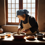 **

A warm, inviting scene of a traditional Northeast Chinese kitchen in winter. Snow is visible outside the window. An elderly woman (奶奶 - grandmother) is stirring a large pot of fermenting soybean paste (大豆酱). Jars and containers of soybean paste are visible, aging in the sunlight. The air is filled with the rich, savory aroma of fermentation. Emphasize the feeling of "温暖又安心" (warmth and peace of mind).

**