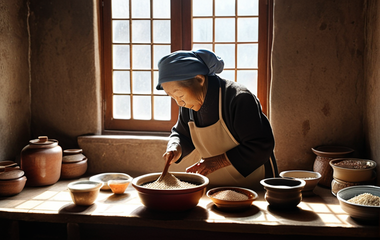 **

A warm, inviting scene of a traditional Northeast Chinese kitchen in winter. Snow is visible outside the window. An elderly woman (奶奶 - grandmother) is stirring a large pot of fermenting soybean paste (大豆酱). Jars and containers of soybean paste are visible, aging in the sunlight. The air is filled with the rich, savory aroma of fermentation. Emphasize the feeling of "温暖又安心" (warmth and peace of mind).

**