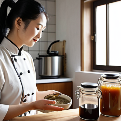 A serene, modern home kitchen. A person (gender-neutral) is meticulously making traditional Chinese fermented sauce (e.g., soy sauce or doubanjiang). A traditional clay fermentation jar stands beside a sleek, modern smart fermentation device or a powerful food processor. The person observes the sauce with a focused, satisfied expression, embodying efficiency and enjoyment. Soft, natural light illuminates the pure ingredients and the clean workspace. Realistic, high-detail photography, capturing the blend of tradition and modern convenience.