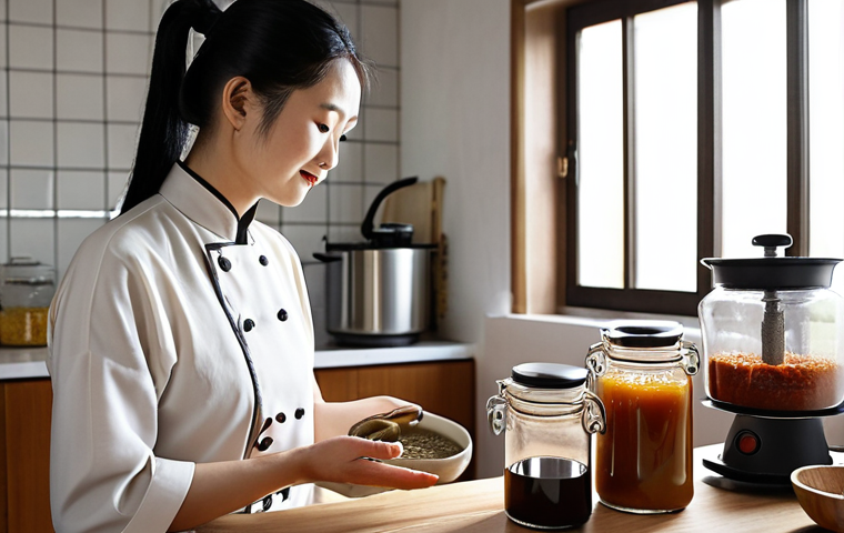 A serene, modern home kitchen. A person (gender-neutral) is meticulously making traditional Chinese fermented sauce (e.g., soy sauce or doubanjiang). A traditional clay fermentation jar stands beside a sleek, modern smart fermentation device or a powerful food processor. The person observes the sauce with a focused, satisfied expression, embodying efficiency and enjoyment. Soft, natural light illuminates the pure ingredients and the clean workspace. Realistic, high-detail photography, capturing the blend of tradition and modern convenience.