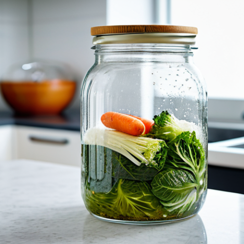 A detailed, macro-level image of a glass fermentation jar. The jar contains vibrant, naturally fermenting vegetables (e.g., cabbage, carrots) submerged in brine, with visible, dissolved salt crystals and subtle effervescence, indicating active, healthy fermentation. The background is a clean, well-lit professional kitchen countertop or a laboratory setting, implying controlled conditions. Professional photography, high detail, sharp focus, natural lighting, crisp, clean aesthetics, studio quality, safe for work, appropriate content, fully clothed, modest, perfect anatomy, correct proportions, natural pose, well-formed hands, proper finger count, natural body proportions.