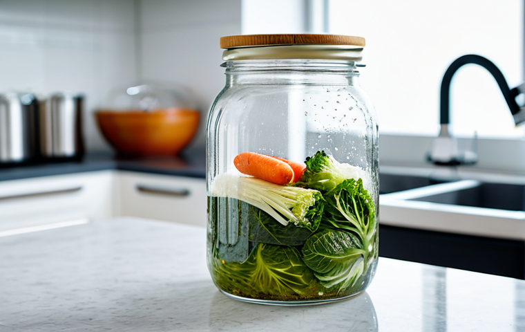 A detailed, macro-level image of a glass fermentation jar. The jar contains vibrant, naturally fermenting vegetables (e.g., cabbage, carrots) submerged in brine, with visible, dissolved salt crystals and subtle effervescence, indicating active, healthy fermentation. The background is a clean, well-lit professional kitchen countertop or a laboratory setting, implying controlled conditions. Professional photography, high detail, sharp focus, natural lighting, crisp, clean aesthetics, studio quality, safe for work, appropriate content, fully clothed, modest, perfect anatomy, correct proportions, natural pose, well-formed hands, proper finger count, natural body proportions.