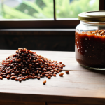 **Homemade Doubanjiang (Fermented Bean Paste):** A rustic scene showcasing a jar of homemade Doubanjiang, fermented bean paste, resting on a wooden table in a sunny kitchen. Jars and ingredients such as soybeans, flour, and spices are visible. Focus on the rich, dark color and texture of the paste. fully clothed, appropriate content, safe for work, perfect anatomy, natural proportions, professional, modest, family-friendly