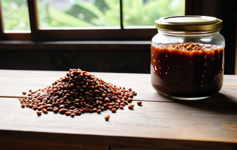 **Homemade Doubanjiang (Fermented Bean Paste):** A rustic scene showcasing a jar of homemade Doubanjiang, fermented bean paste, resting on a wooden table in a sunny kitchen. Jars and ingredients such as soybeans, flour, and spices are visible. Focus on the rich, dark color and texture of the paste. fully clothed, appropriate content, safe for work, perfect anatomy, natural proportions, professional, modest, family-friendly