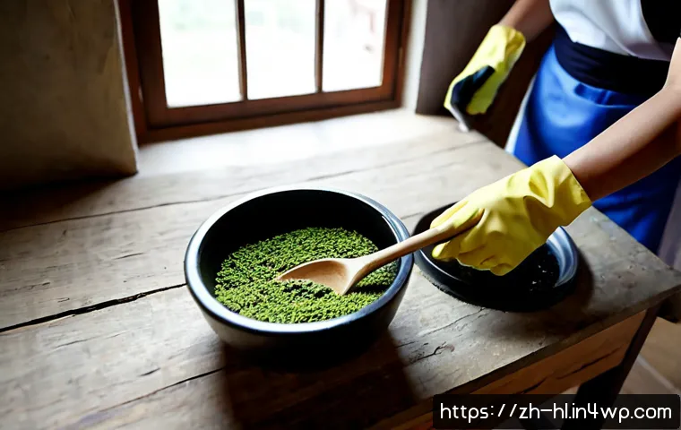 전통 장류 자가 제조 과정에서의 실수 사례 - Photorealistic close-up of a home kitchen worktable showing a traditional fermented soybean paste ba...