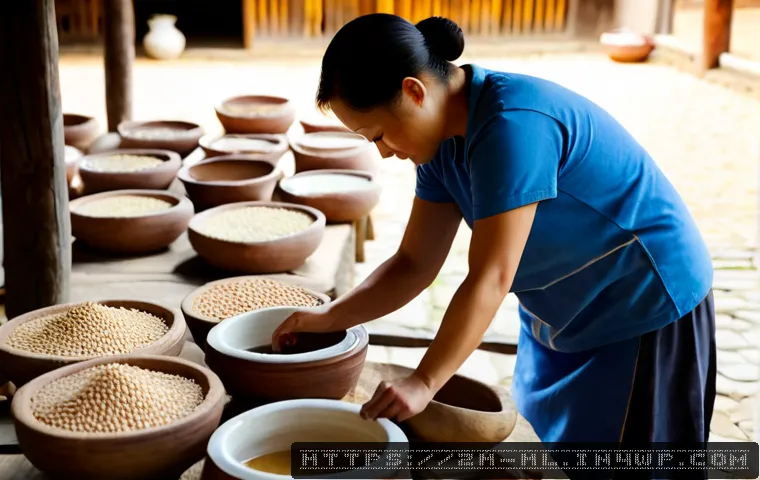 전통 장류 자가 제조와 전통 기술 보전 - Photorealistic home courtyard scene of an East Asian family artisan preparing traditional fermented ...